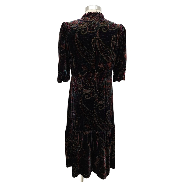 House Of Bruar Midi Victorian Dress Velvet Paisley 1/2 Sleeve Button V Neck 14 - Picture 6 of 9